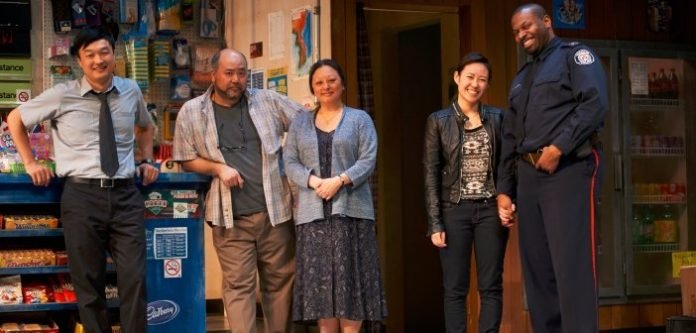 The cast of Kim's Convenience on stage at the Arts Club Granville Island Stage through May 24. Photo by Bruce Monk.