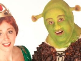 Lindsay Warnock as Fiona and Matt Palmer as Shrek and in the Theatre Under the Stars production of Shrek: The Musical.
