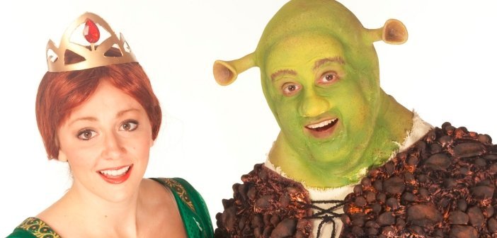 Lindsay Warnock as Fiona and Matt Palmer as Shrek and in the Theatre Under the Stars production of Shrek: The Musical.