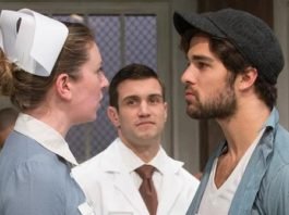 Erin Cassidy and Marksian Tarasiuk face off as Ratched and McMurphy in the Studio 58 production of One Flew Over the Cuckoo's Nest. Photo by David Cooper.