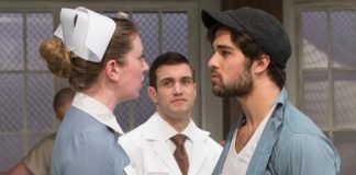 Erin Cassidy and Marksian Tarasiuk face off as Ratched and McMurphy in the Studio 58 production of One Flew Over the Cuckoo's Nest. Photo by David Cooper.