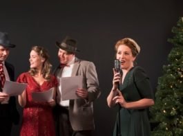John Voth, Kaitlin Williams, Peter Church and Diana Squires. in the Pacific Theatre production of It's a Wonderful Life Radio Play. Photo by Emily Cooper.