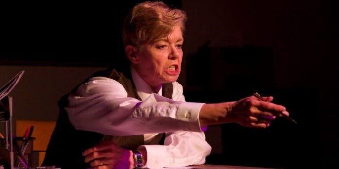 Colleen Winton as Shelley Levene in the Classic Chic Productions presentation of Glengarry Glen Ross. Photo by Megan Verhey.