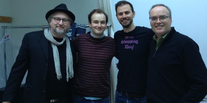 Vern Thiessen, Anton Lipovetsky and Benjamin Elliott with author Terry Fallis.