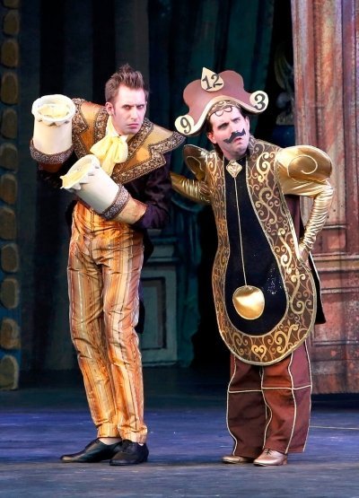 Victor Hunter and Steven Greenfield as Lumiere and Cogsworth. Photo by Tim Matheson.