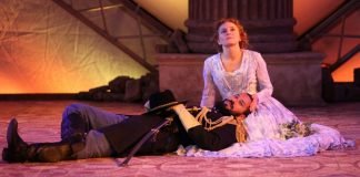 Luc Roderique & Kayla Deorksen in the Bard on the Beach Shakespeare Festival production of Othello. Photo by David Blue.