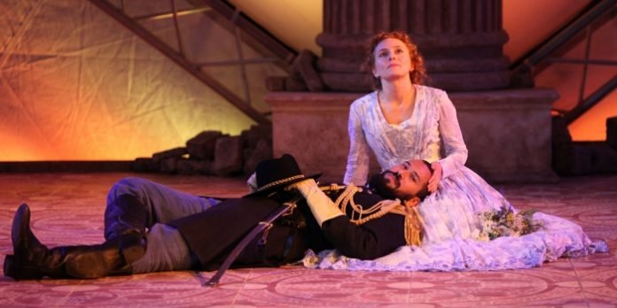 Luc Roderique & Kayla Deorksen in the Bard on the Beach Shakespeare Festival production of Othello. Photo by David Blue.