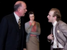 Francis Boyle, Tara Pratt and Eric Regimbald in the Aenigma Theatre production of Copenhagen.