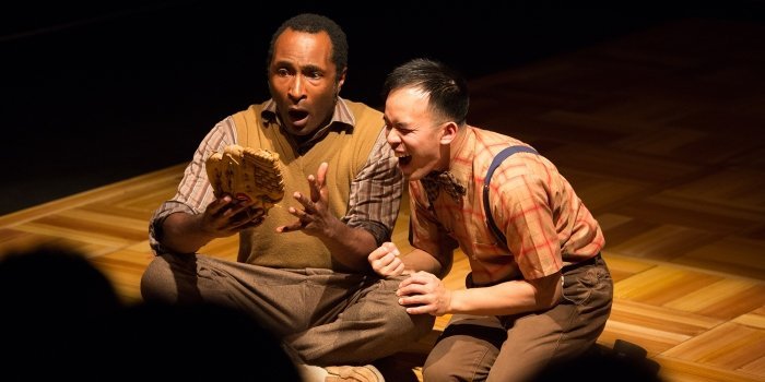 Anthony Santiago as John Wheelwright and Chris Lam as Owen Meany in the Ensemble Theatre Company production of A Prayer for Owen Meany. Photo by Javier R. Sotres.