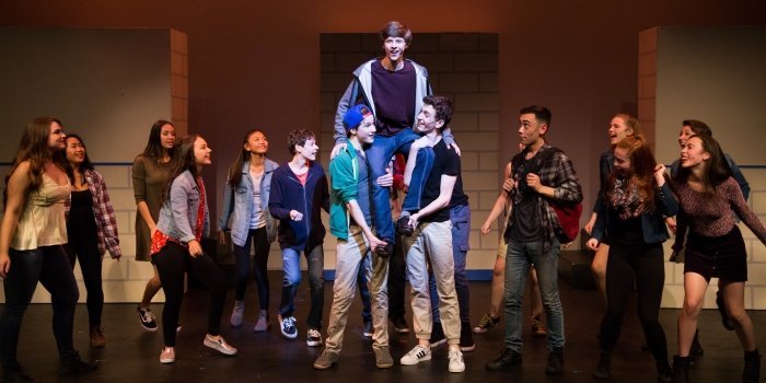 Graham Verchere as Evan Goldman (centre) and members of the cast of 13: The Musical. Photo by Nicol Spinola.