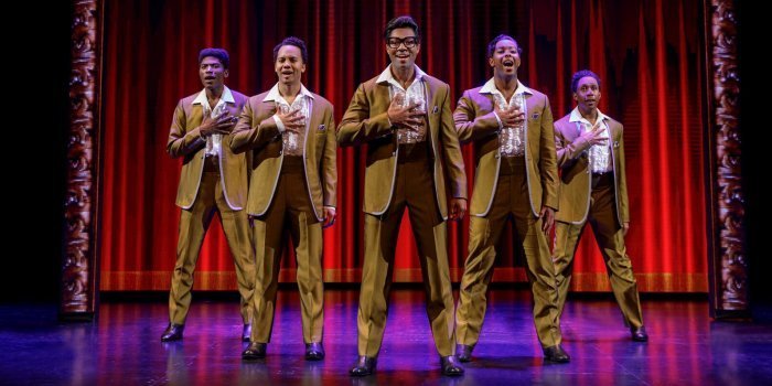 Members of the ensemble in Motown The Musical perform as The Temptations. Photo by Joan Marcus.