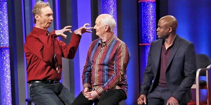 Colin Mochrie (centre) with Ryan Stiles and Wayne Brady in the CW Network reboot of Whose Line is it Anyway? Photo by Robert Voets / The CW.