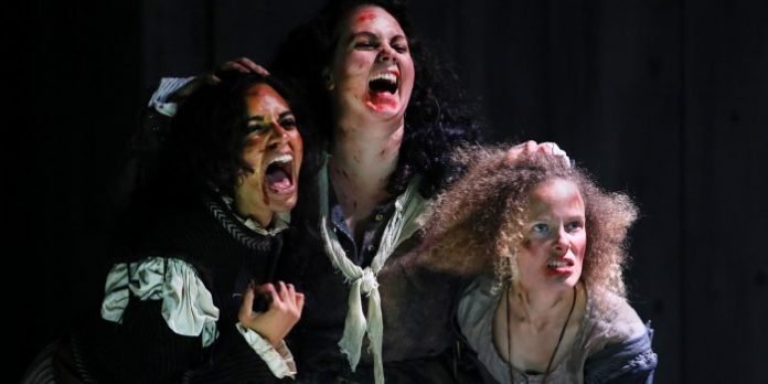 Harveen Sandhu, Emma Slipp & Kate Besworth in the Bard on the Beach Shakespeare Festival production of Macbeth. Photo by Tim Matheson.