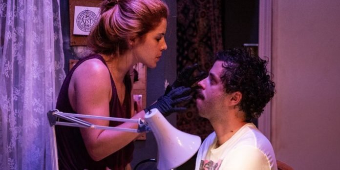 Emily Bett Rickards and Paul Piaskowski in the Reality Curve Theatre production of Reborning. Photo by Lachlan McAdam