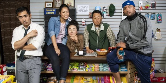 The cast of the Pacific Theatre production of Kim's Convenience: Lee Shorten, Jessie Liang, Maki Yi, James Yi, and Tré Cotten. Photo by Emily Cooper.