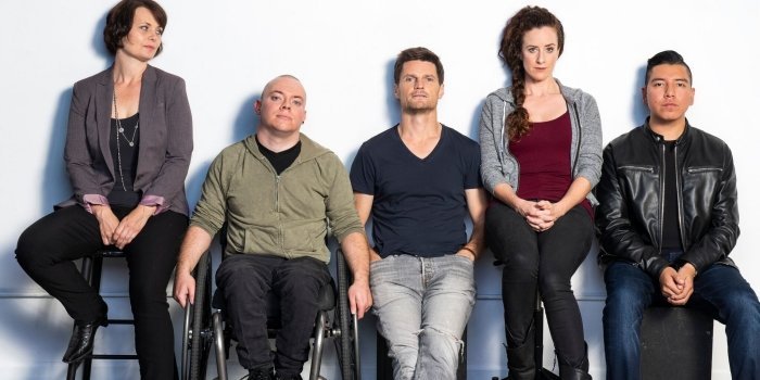 Adam Grant Warren, Luisa Jojic, Bob Frazer, Corina Akeson, and Braiden Houle in the Touchstone Theatre production of Kill Me Now. Photo by Emily Cooper.
