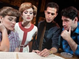 Sarah Bockel (Carole King), Alison Whitehurst (Cynthia Weil), Jacob Heimer (Barry Mann), and Dylan S. Wallach (Gerry Goffin) in Beautiful: The Carole King Musical. Photo by Joan Marcus.