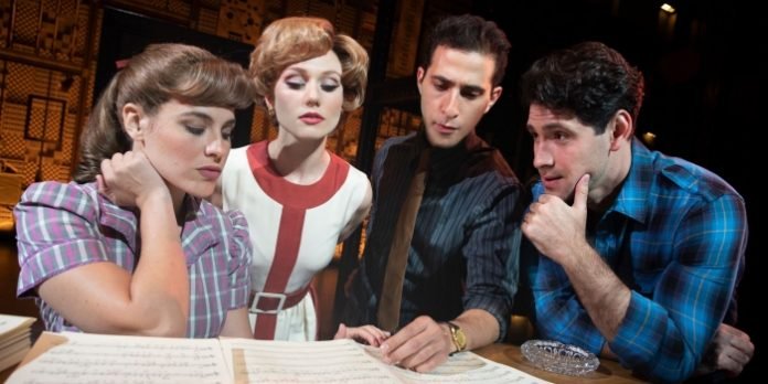 Sarah Bockel (Carole King), Alison Whitehurst (Cynthia Weil), Jacob Heimer (Barry Mann), and Dylan S. Wallach (Gerry Goffin) in Beautiful: The Carole King Musical. Photo by Joan Marcus.