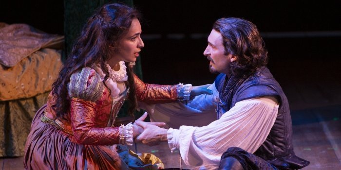 Ghazal Azarbad & Charlie Gallant in the Bard on the Beach Shakespeare Festival production of Shakespeare in Love. Photo by Tim Matheson.