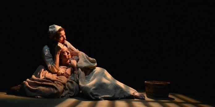 Anita Wittenberg as Isabelle Arc and Shona Struthers as Joan of Arc find emotional connection in Pacific Theatre's Mother of the Maid. Photo by Jalen Laine Photography.