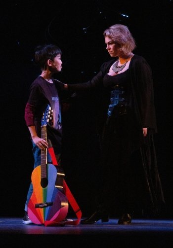 Timothy Liu as the Dreamer and Chelsea Rose as the Narrator in the Gateway Theatre production of Joseph and the Amazing Technicolor Dreamcoat. Photo by Tim Matheson.