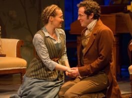 Kate Dion-Richard and Matthew MacDonald-Bain in the Arts Club Theatre Company production of Miss Bennet: Christmas At Pemberley. Photo by Sarah McNeil.