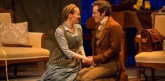 Kate Dion-Richard and Matthew MacDonald-Bain in the Arts Club Theatre Company production of Miss Bennet: Christmas At Pemberley. Photo by Sarah McNeil.