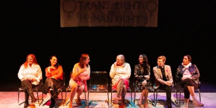 Members of the cast of The Frank Theatre and Zee Zee Theatre co-production of Trans Scripts, Part I: The Women. Left to right: Carolynn Dimmer, Sabrina Symington, Morgane Oger, Josie Boyce, Julie Vu, Amy Fox, Quanah Style. Photo by Tina Krueger Kulic.