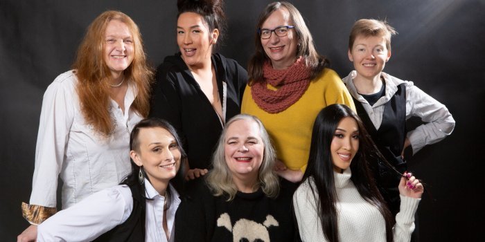 The Vancouver cast of Trans Scripts, Part I: The Women: Carolynn Dimmer, Quanah Style, Morgane Oger, Amy Fox, Sabrina Symington, Josie Boyce, Julie Vu. Photo by Tina Krueger Kulic.