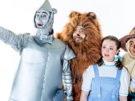 Preston Wilder (Tin Man), Jonathan Gagne (Lion), Camryn MacDonald (Dorothy) and Keith MacMillan (Scarecrow) in the CTORA Theatre production of The Wizard of Oz. Photo by Canna Zhou.